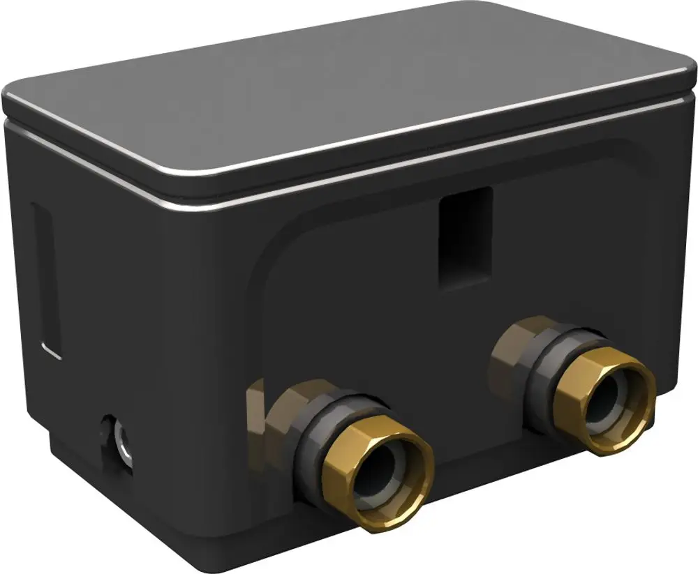 Schwarze hydraulische Weiche mit zwei Anschlussnippeln aus Messing und Isolierung. Das Produkt stammt von Bosch.